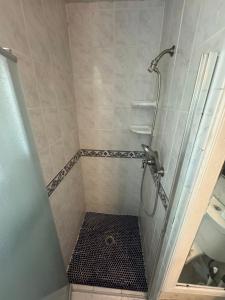 a shower with a glass door in a bathroom at King's Suite Escape in Ontario