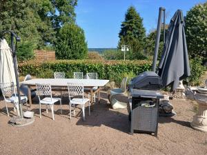 a table and chairs with a grill and an umbrella at Jardin sur Loire in Blois