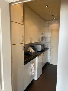 eine Küche mit weißen Schränken und einer Arbeitsplatte in der Unterkunft Basic Business Accommodation in Geel