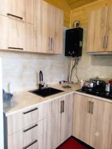 a kitchen with wooden cabinets and a sink at Shekvetili Cottage Nene in Shekhvetili