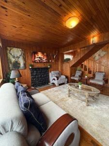 a living room with a couch and a fireplace at Haven Hilltop Cottage, Dunga Gali in Dunga Gali