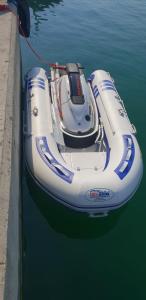 a small white boat sitting in the water at Houseboat Dolce Vita in Novigrad Istria +9 photos
