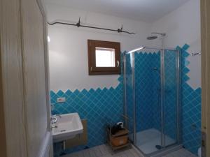 a blue tiled bathroom with a shower and a sink at La Corte Degli Ulivi Appartamenti in Cala Liberotto