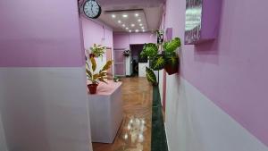 a hallway with plants and a clock on the wall at Mysore Nivas - ADH in Mysore
