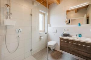 ein Badezimmer mit Dusche, Toilette und Waschbecken in der Unterkunft Gästehaus Lodermeier in Bad Abbach