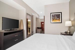a hotel room with a bed and a flat screen tv at Quality Suites Pineville - Charlotte in Charlotte