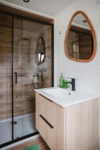 a bathroom with a sink and a shower at Jemiołucha Glamping in Bodzentyn +79 photos
