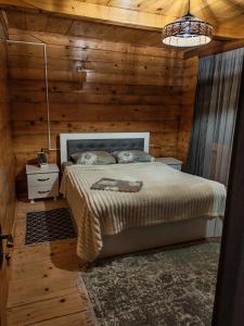ein Schlafzimmer mit einem Bett in einer Holzwand in der Unterkunft Sabauri in Khulo
