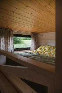 a bed in a tiny house with a window at Jemiołucha Glamping in Bodzentyn
