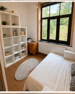 a bedroom with a bed and a window and a rug at Citadelle Liège Centre in Liège