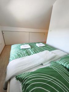 two beds in a room with green and white sheets at Apartment Cankar's View in Vrhnika