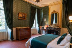 a bedroom with a bed and a fireplace at Chateau de Mons Gard prés d Uzes in Mons