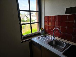 a kitchen with a sink and a window at idyllisches Mühlengebäude in Hillesheim +23 photos