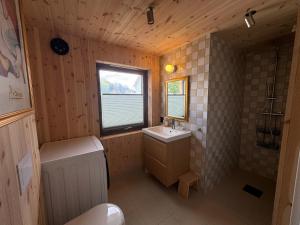 a bathroom with a toilet and a sink and a window at Malnestomten in Henningsvær