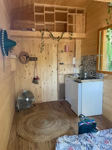 a kitchen with a refrigerator and a stove in a room at Tiny housse in Conne-de-Labarde
