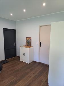a room with a door and a painting on a cabinet at Amber in Ragaciems