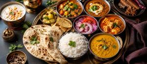 a table topped with different types of indian food at Surya Regency in Kāshīpur