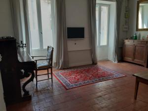 a living room with a tv and a chair and a rug at Maison Corbigny in Corbigny