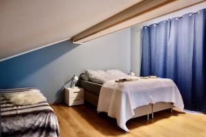 a bedroom with a bed and a blue wall at Modern house secluded in nature in Storbukt +57 photos