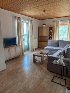 a living room with a couch and a tv at Sea View House B in Péra Mélana