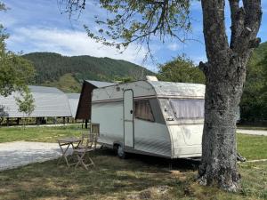 a white caravan parked next to a tree at Caravana Lobo Camp in Boca de Huérgano