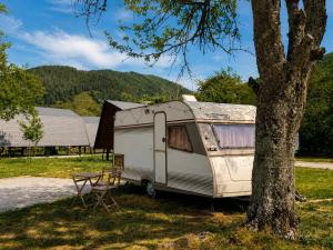 a white caravan parked next to a tree at Caravana Lobo Camp in Boca de Huérgano