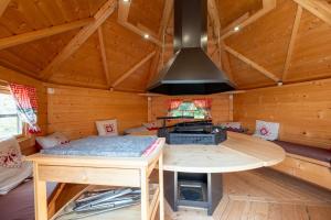a kitchen with a stove in a wooden cabin at Appartement 5 - La Petite Caille in Plombières-les-Bains +24 photos