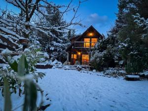 a log cabin in the snow at night at Stausee-Haus in Neumühle