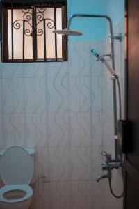 a bathroom with a toilet and a window and a shower at Chama Haven Appartment 2 bed in Tengeru