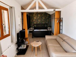 a living room with a couch and a bed at Gîtes les Deux Vallées in Le Bois-Hellain