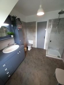 a bathroom with a sink and a shower and a toilet at Bénodet Chambre D'hôtes Les Sauges in Bénodet