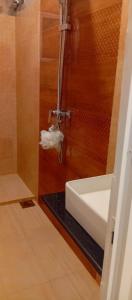 a bathroom with a shower and a white sink at Holiday Apartment Ragama in Kurukulawa