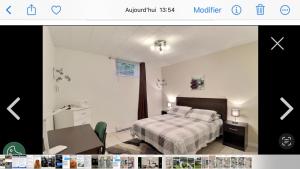 a bedroom with a bed and a table and a desk at Oasis de la rivière in Saguenay