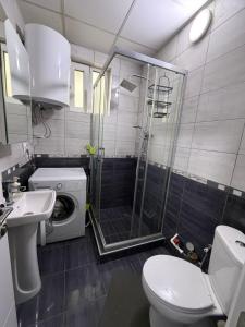 a bathroom with a shower and a toilet and a sink at 24 Apartment in Strumica