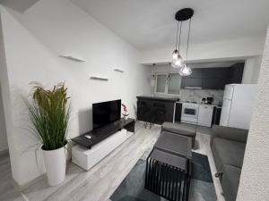 a living room with a couch and a kitchen at 24 Apartment in Strumica