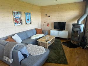 a living room with a blue couch and a stove at Dream view in Åre Björnen in Åre