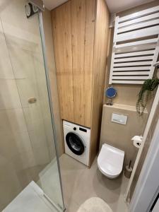 a small bathroom with a toilet and a shower at Kaszmir Studio in Tarnowskie Góry +14 photos