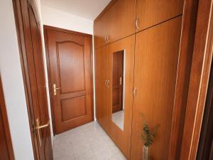 a hallway with wooden cabinets and a door with a mirror at PSZ Hotel Beach Földvár in Balatonföldvár +20 photos