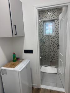 a bathroom with a shower with a glass door at House 100m from the beach with free parking in Baška Voda +19 photos