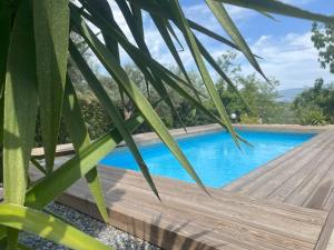 a pool with a wooden deck and a palm tree at Villa Maria B&B in Marano Principato