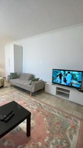 a living room with a large flat screen tv at casa di malika in Borgo Venusio