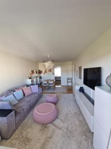 a living room with a couch and a flat screen tv at Central lägenhet i Visby -4 person inkl parkering in VBY