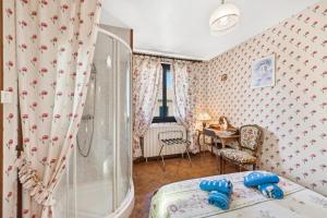 a bedroom with a shower and a bed and a table at Chez Daniel Et Zdenka in Villars-les-Dombes