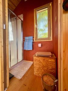 a bathroom with a shower and a wooden floor at Tiny House en lisière de bois in Bastennes