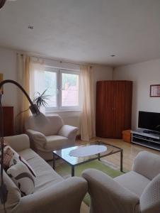 a living room with two couches and a coffee table at Apartmán Nebo in Turčianske Teplice
