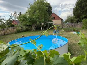 a small pool in a yard with a playground at Chalupa Hubina in Snědovice