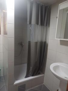 a shower with a shower curtain in a bathroom at Apartman BelSa in Sarajevo