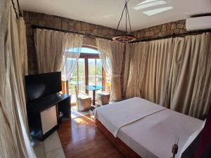 a bedroom with a bed and a television in a room at Zone Guest House Bellapais in Kyrenia