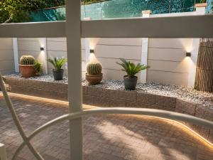 a patio with potted plants on a wall with lights at Suider Ozias Self Catering in Windhoek