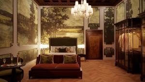 a bedroom with a bed and a couch and a chandelier at Eight Venezia in Venice